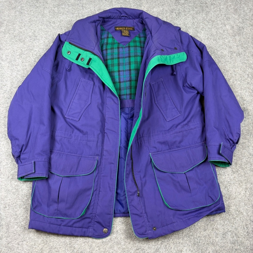 River Edge Jacket Mens‎ Large Purple Green Vintage 90s Plaid Lined Hooded Parka